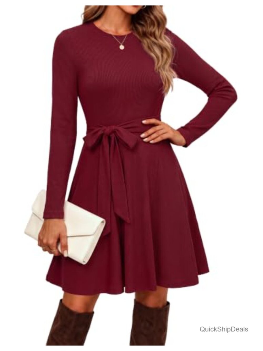 Long Sleeve Ribbed Knit A-Line Mini Dress with Detachable Belt